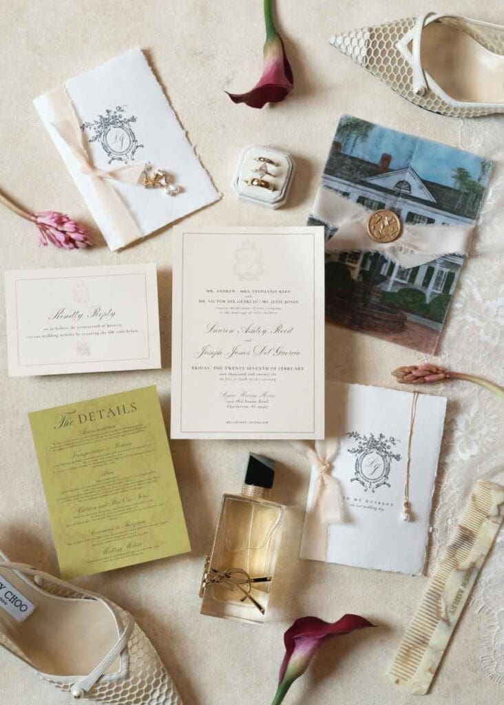 wedding invites and flowers for a wedding in charleston, sc