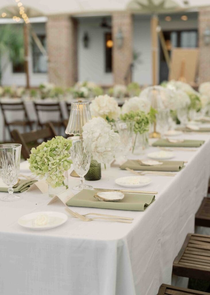 wedding reception table decor with hydrangeas